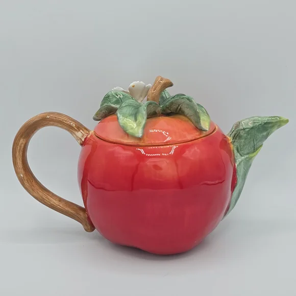 Small Teapot "Orchard In Bloom" Red Apple Ceramic Floral Cottagecore - Picture 2 of 13